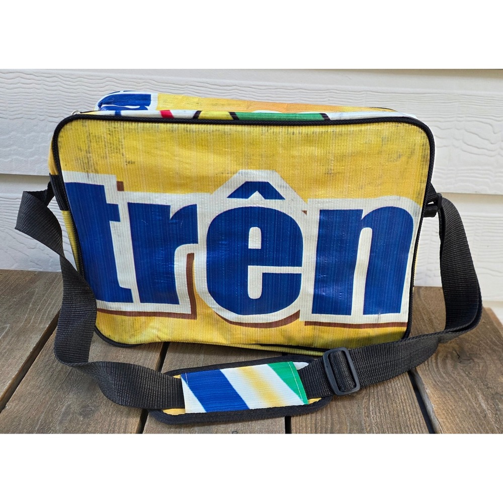 Recycled Feed Bag Messenger Crossbody Yellow Blue Red Upcycled Graphic Bag